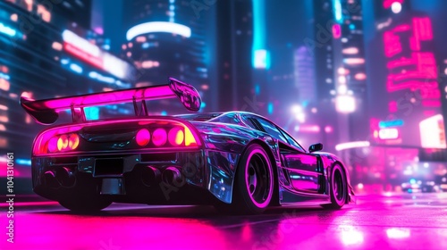 Retro sports car under neon lights, night cityscape backdrop, speed and style concept.