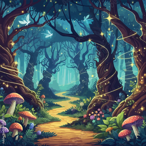 Mystical woodland with ancient trees lush vegetation and sparkling fairy lights background