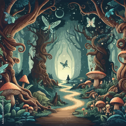 Mystical woodland with ancient trees lush vegetation and sparkling fairy lights background
