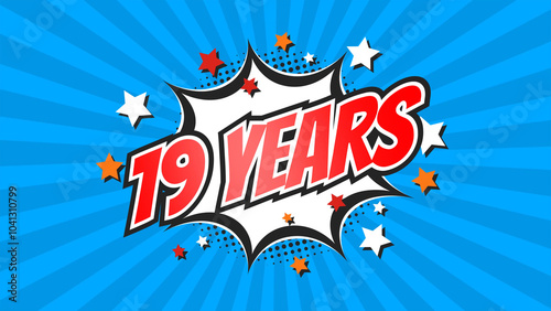 Celebratory animation for 19th nineteenth anniversary - 19 nineteen years birthday. Flat text on pop colorful background with rays.
