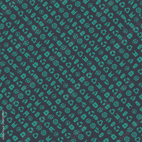 Green eco pattern, made of small ecology icons. Seamless Eco green background. Ecology three arrow, planet, packaging, glass, bottle, trash symbol. Template seamless pattern. Vector illustration.