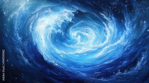 Dynamic swirl of frothy waves in a vast, deep blue sea, capturing the energy and beauty of the ocean in motion