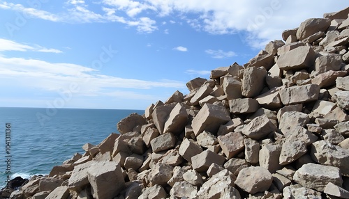 Rocky Coastline with Blue Sky and Ocean,