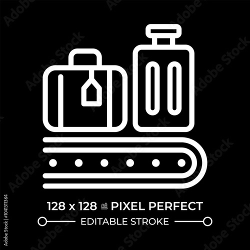 Baggage service white linear icon for dark theme. Luggage on conveyor belt. Transporting and sorting passenger bags. Thin line illustration. Isolated symbol for night mode. Editable stroke