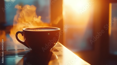 Glowing lightbox illuminating steaming coffee cup with warm tones and soft shadows. photo