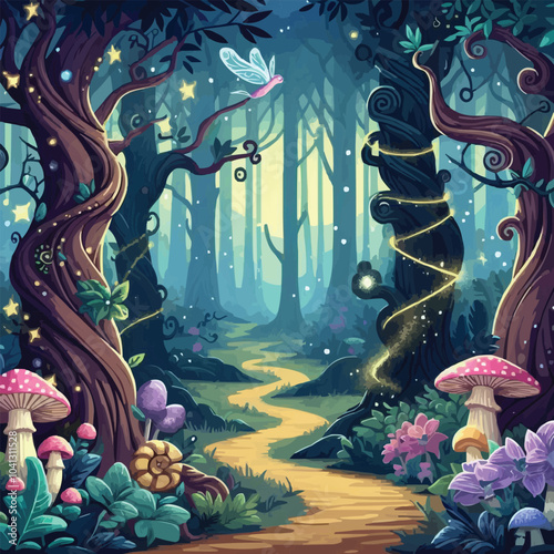 Mystical woodland with ancient trees lush vegetation and sparkling fairy lights background