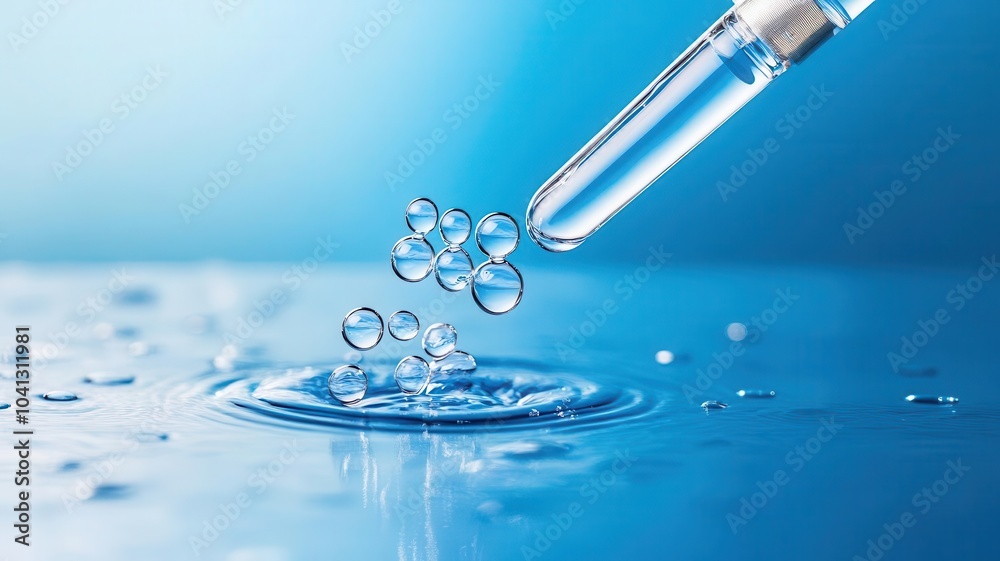 A dropper releases water droplets, creating ripples on a smooth, reflective surface, with a calming blue background. A dropper releases water droplets, creating ripples on a smooth, reflective surface, with a calming blue background.