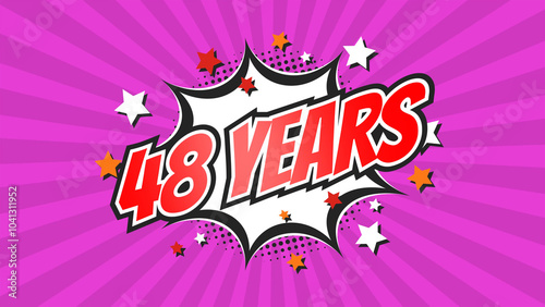 Celebratory animation for 48th forty-eighth anniversary - 48 forty-eight years birthday. Flat text on pop colorful background with rays. photo