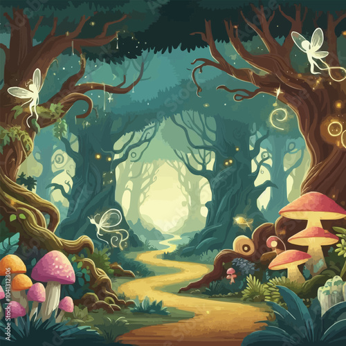 Mystical woodland with ancient trees lush vegetation and sparkling fairy lights background