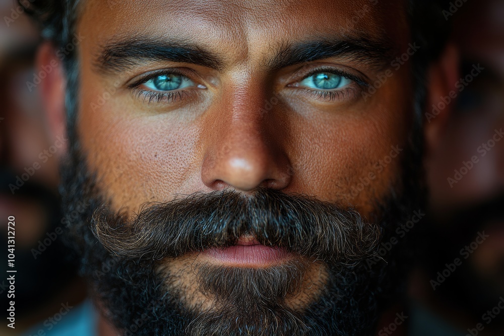 Obraz premium Man with a mustache and blue eyes. The man has a beard and a mustache