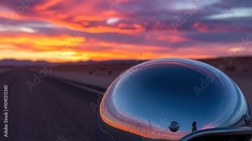 Helmet Reflecting Sunset Colors on Desert Road