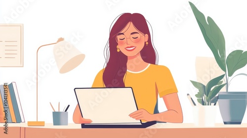Woman Working on Laptop at Home