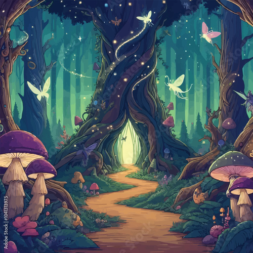 Mystical woodland with ancient trees lush vegetation and sparkling fairy lights background