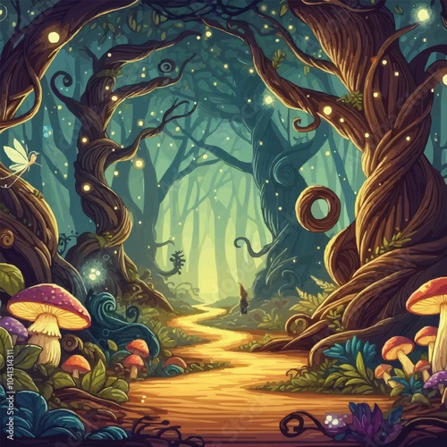 Mystical woodland with ancient trees lush vegetation and sparkling fairy lights background