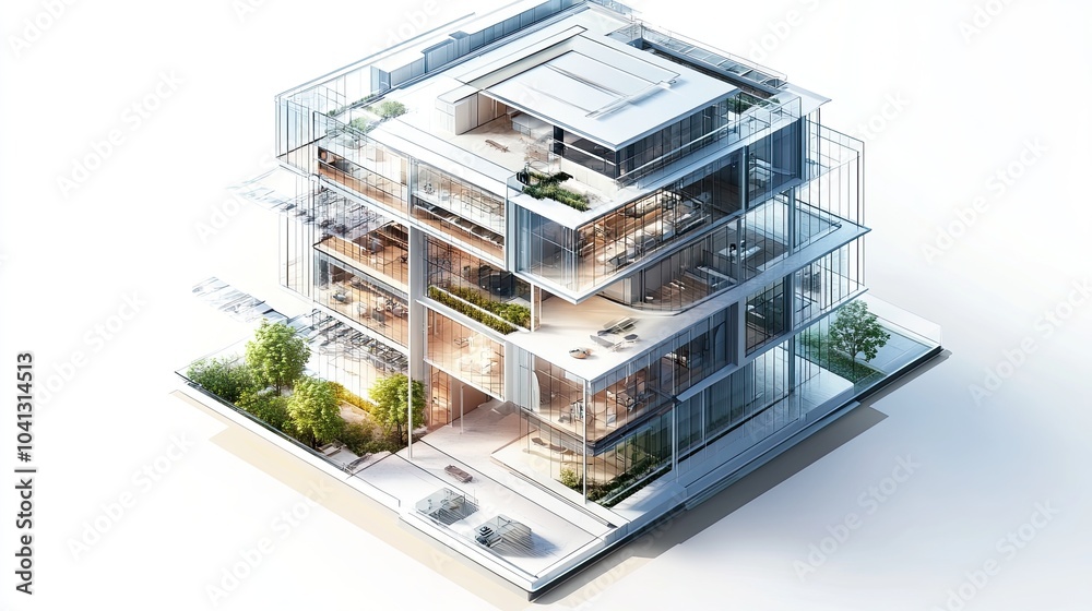A high-tech isometric architectural design of a multi-story building with transparent layers and intricate interiors A high-tech isometric architectural design of a multi-story building with transparent layers and intricate interiors