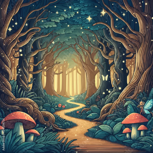Mystical woodland with ancient trees lush vegetation and sparkling fairy lights background