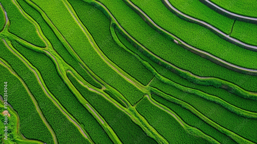 Aerial view of lush green rice terraces showcasing vibrant patterns in a rural landscape during the growing season. Aerial view of lush green rice terraces showcasing vibrant patterns in a rural landscape during the growing season.