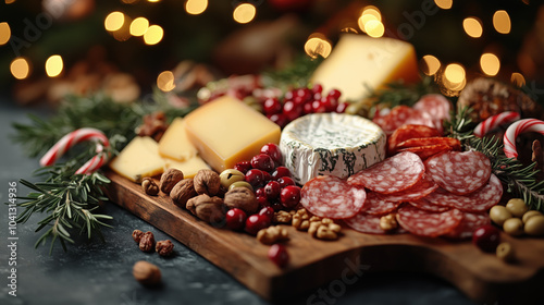 Artisanal Christmas cheeseboard with cheese, meats, nuts, and berries