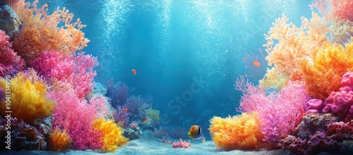 Vibrant coral reef with colorful coral and fish in a clear blue ocean.