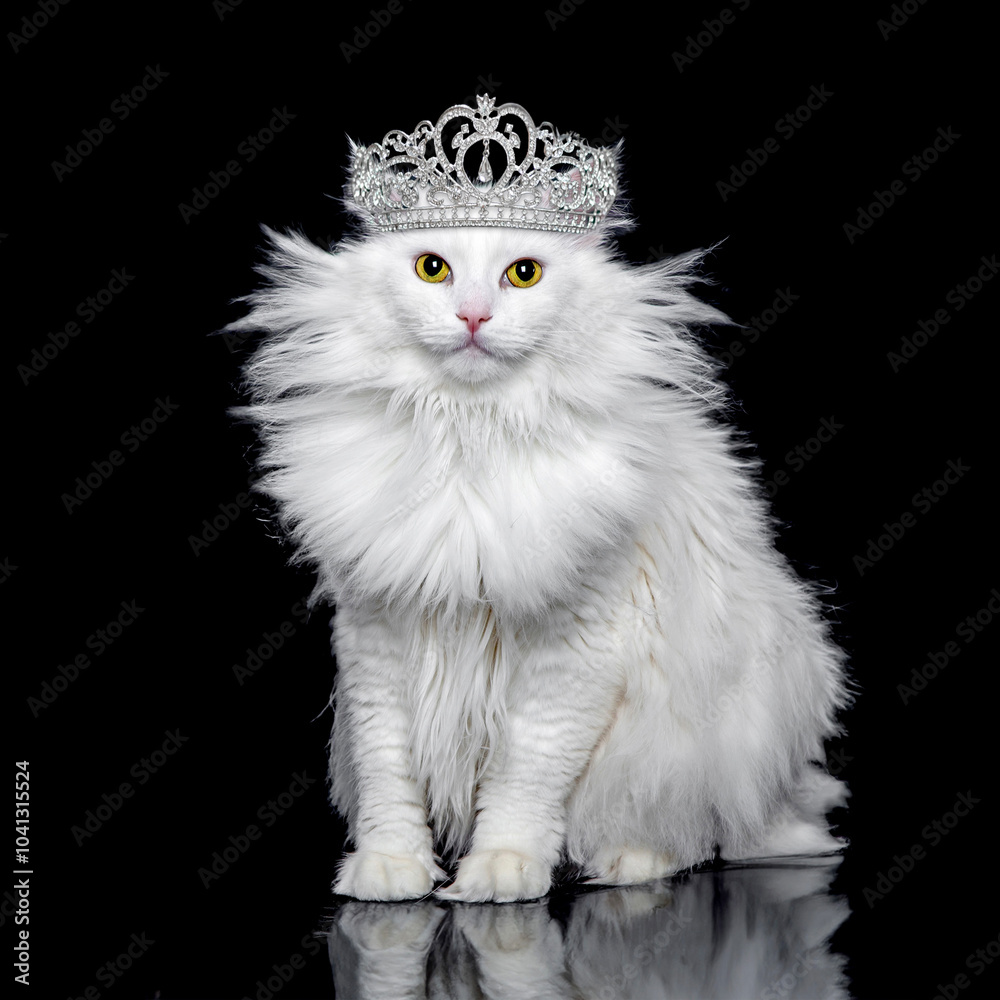 White cat on a black background wearing a crown White cat on a black background wearing a crown