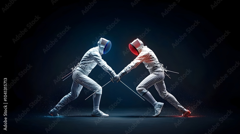 Obraz premium Glowing mesh fencing swords crossing in a dynamic and futuristic composition with luminous lines tracing their elegant motion This digital showcases a sleek high tech and conceptual visual design