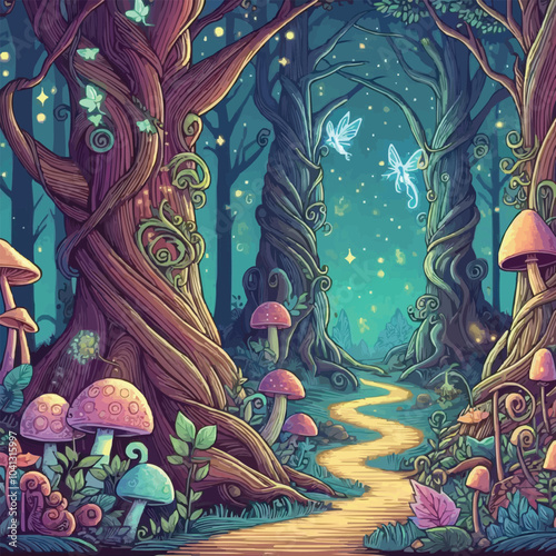 Mystical woodland with ancient trees lush vegetation and sparkling fairy lights background