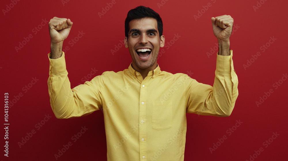 Fototapeta premium Enthusiastic man celebrates with fists in the air.