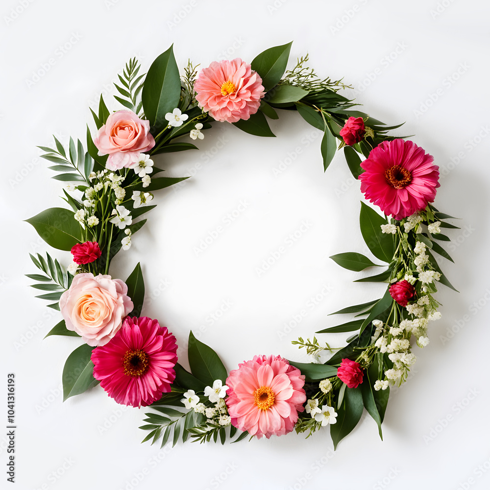 Pink and nude colors flowers arrange in circle shape floral wreath in round shape layout isolated on white background for creative design Pink and nude colors flowers arrange in circle shape floral wreath in round shape layout isolated on white background for creative design