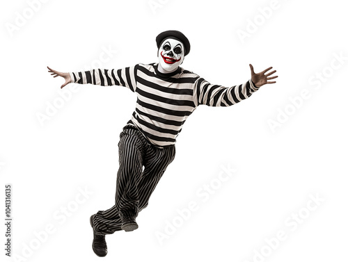 mime performing a funny routine walking against the wind in black and white striped costume on isolated background
 photo