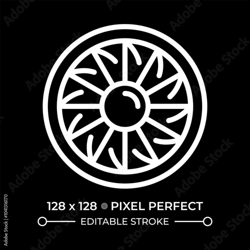 Aircraft engine turbine white linear icon for dark theme. Fan blades. Jet propulsion and power source that drives airplanes. Thin line illustration. Isolated symbol for night mode. Editable stroke