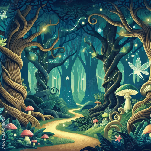 Mystical woodland with ancient trees lush vegetation and sparkling fairy lights background