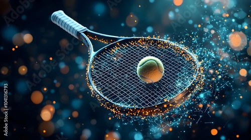 Glowing mesh lines forming a dynamic and futuristic tennis racket with a ball in mid swing capturing the energy and movement of a fast paced sports game photo