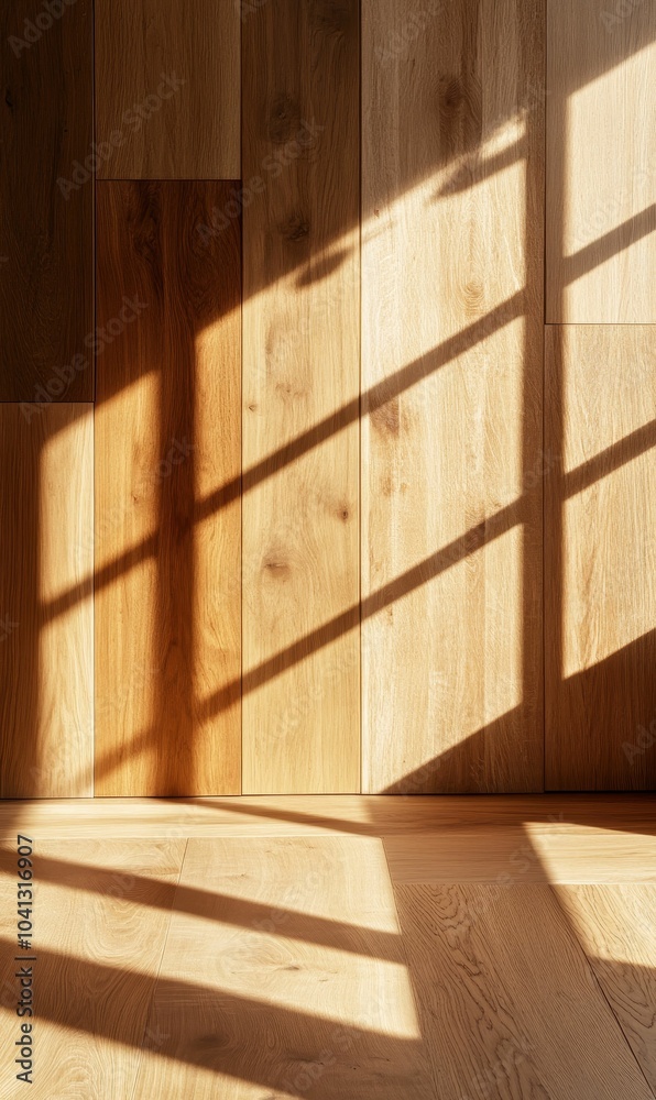 Sunlight casts shadows on wooden walls and floor. Sunlight casts shadows on wooden walls and floor.