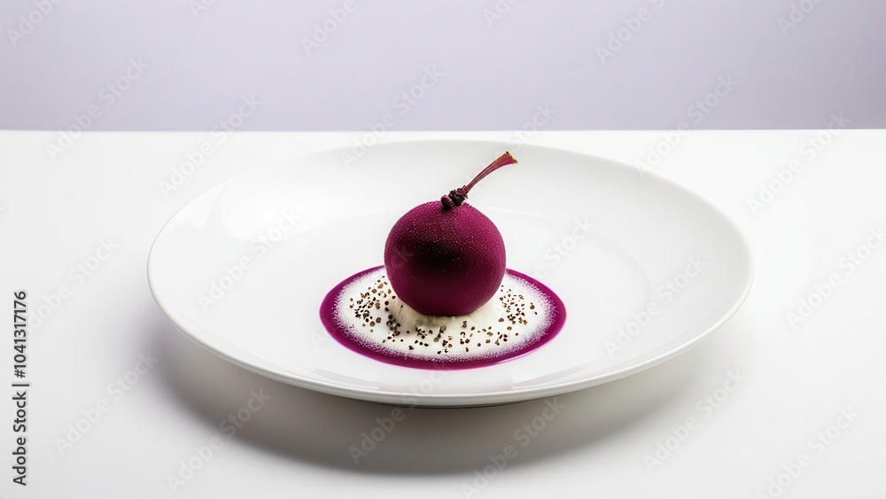 Beetroot mousse elegantly presented with a small beet garnish and beet sauce on a white plate