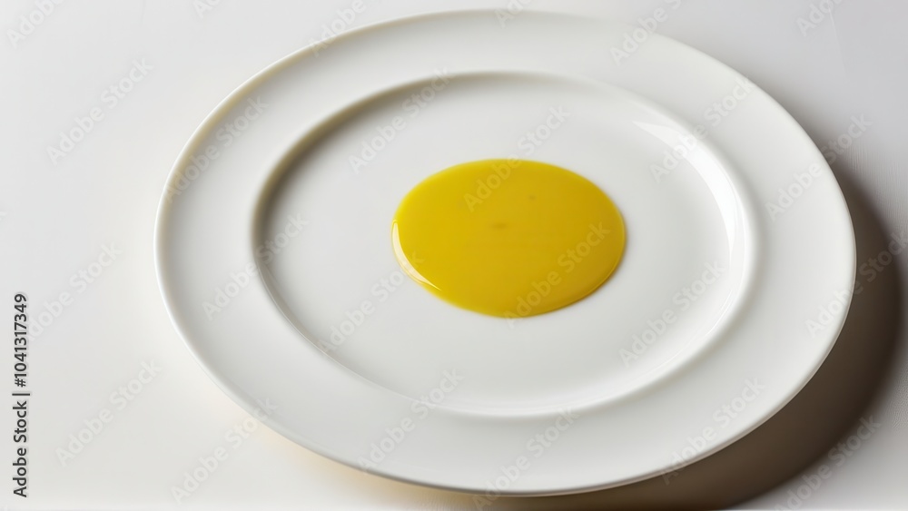 Yellow liquid in the center of a white plate on light background Yellow liquid in the center of a white plate on light background