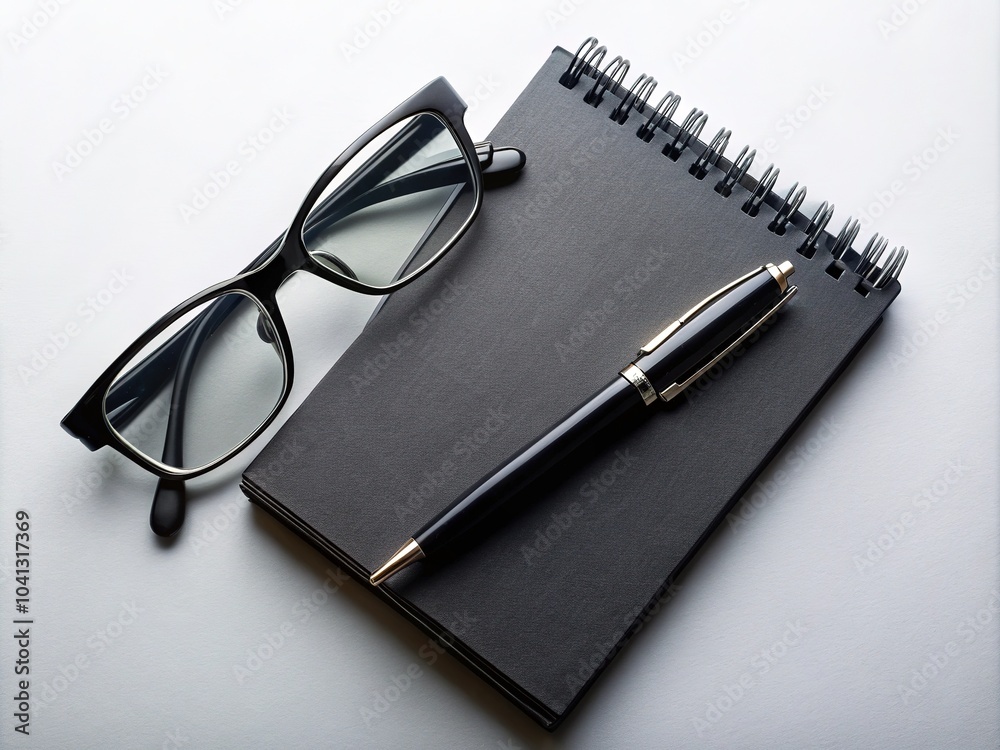 Black Notepad, Pen & Glasses - Minimalist Office Supplies Photography Black Notepad, Pen & Glasses - Minimalist Office Supplies Photography