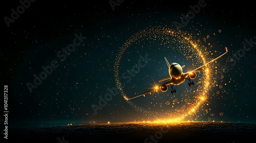 Glowing mesh lines forming an abstract airplane taking off with a trail of light against a vibrant sunset sky backdrop showcasing a futuristic and dynamic transportation concept photo