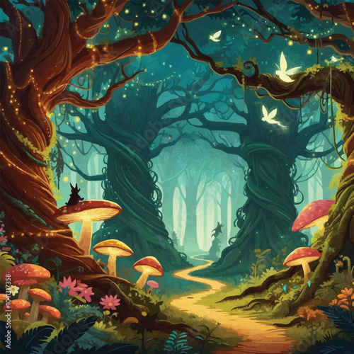 Mystical woodland with ancient trees lush vegetation and sparkling fairy lights background