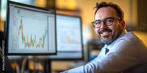 A smiling professional sits in an office with data analytics on multiple screens. The style is modern and engaging, showcasing a positive work environment. AI