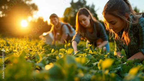 Three people work in a field at sunset, tending to plants.