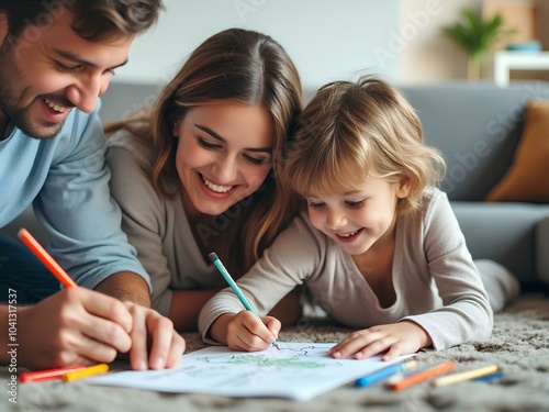 parent and child drawing - Joyful Family Drawing and Creating Together in a Cozy Home Environment