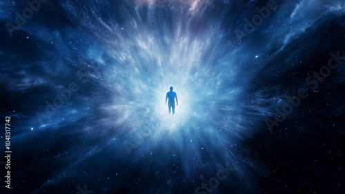 Man silhouette in cosmic background.