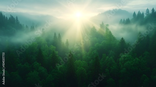 Breathtaking sunrise over a lush green forest landscape bathed in mist and light embracing nature's beauty and serenity