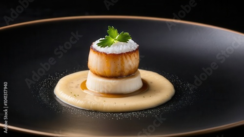 Fototapeta Naklejka Na Ścianę i Meble -  Gourmet dish with seared scallops, creamy sauce, and vegetable garnish on a black plate