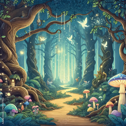 Mystical woodland with ancient trees lush vegetation and sparkling fairy lights background