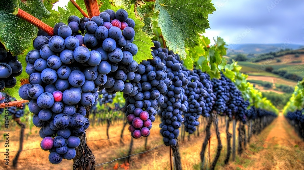 Naklejka premium A lush and bountiful vineyard nestled amidst rolling hills with grapevines heavy with ripe juicy fruit ready for the autumn harvest