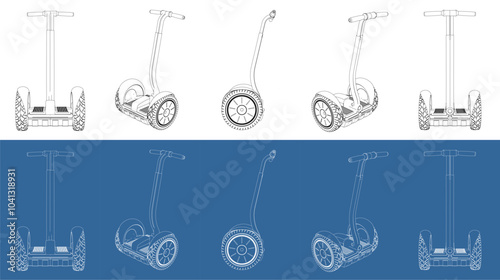 vector segway electric vehicle line art draw blueprint  from all view top corner side back isolated in transparent background
