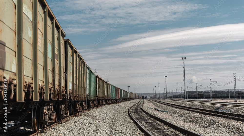 Obraz premium Panorama railroad tracks with wagons and railway transport. View to railway station with railroad tracks with wagons. Loading railway cars. Railway wagons standing at the station waiting for loading