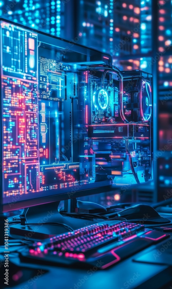 Obraz premium Neon-lit computer setup with keyboard and mouse.