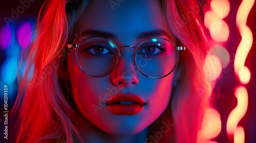 Glamorous woman in trendy glasses with colorful neon glow